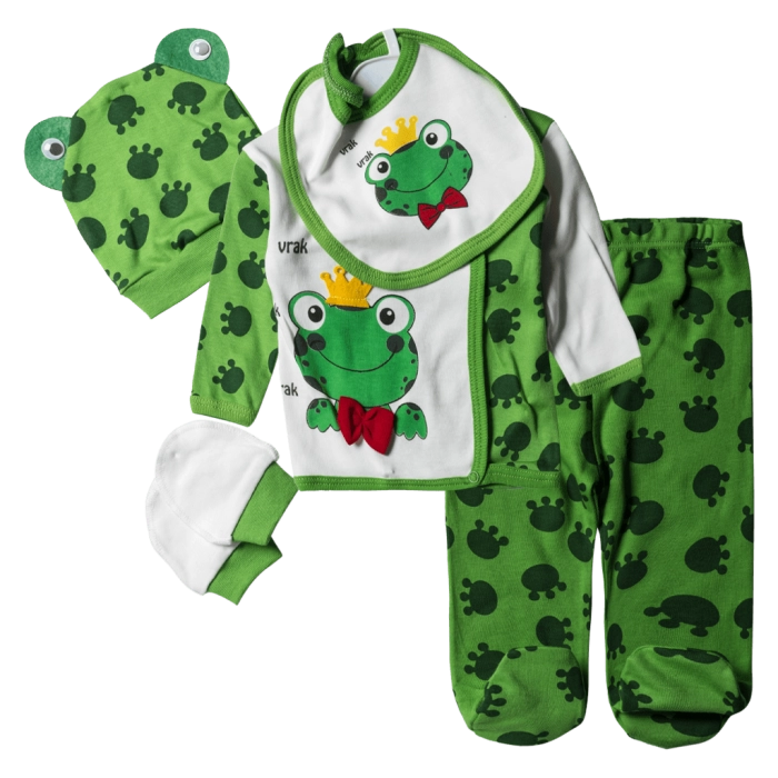 Βρεφικό σετ για αγόρια Frog πράσινο αγορίστικα για νεογέννητα άνετα καθημερινά οικονομικά με σκούφι για μωρά μηνών