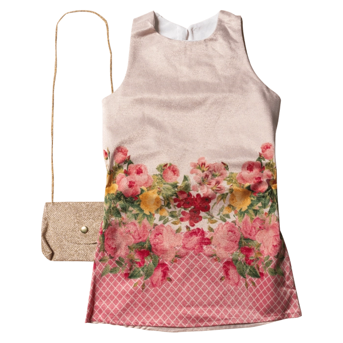 Παιδικό φόρεμα για κορίτσια Florence ροζ κοριτσίστικο επίσημο για γάμο βάφτιση με χρυσόσκονη λουλούδια με τσάντα ρομαντικό