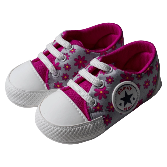 Βρεφικά παπούτσια αγκαλιάς για κορίτσια Flower Star φούξια κοριτσίστικο με λουλούδια άνετο για βόλτα δώρο νεογέννητα τύπου converse all star