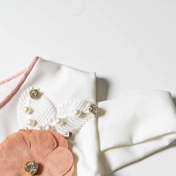 Παιδικό φόρεμα για κορίτσια Amalfi σομόν κοριτσίστικο επίσημο για γάμο βάφτιση με στρας με λουλούδια αμπιγέ ρομαντικό παρανυφάκια μανίκι