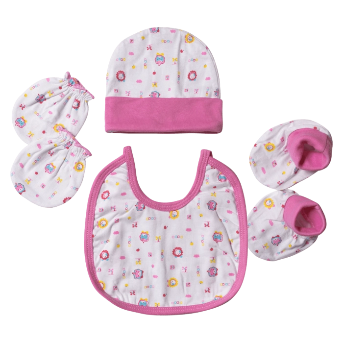 Βρεφικό σετ σκούφος γάντια κάλτσες σαλιάρα ροζ για κοριτσάκια μωράκια βαμβακερό οπικονομικό Online