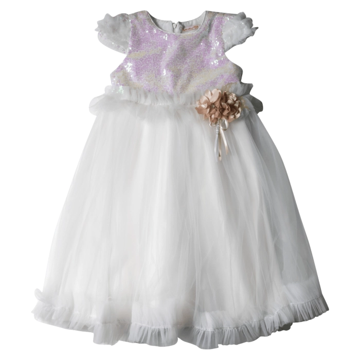 Παιδικό φόρεμα για κορίτσια Olivia Άσπρο κοριτσίστικο εντυποσικό με τούλι με παγιέτες λουλούδι paidika rouxa online