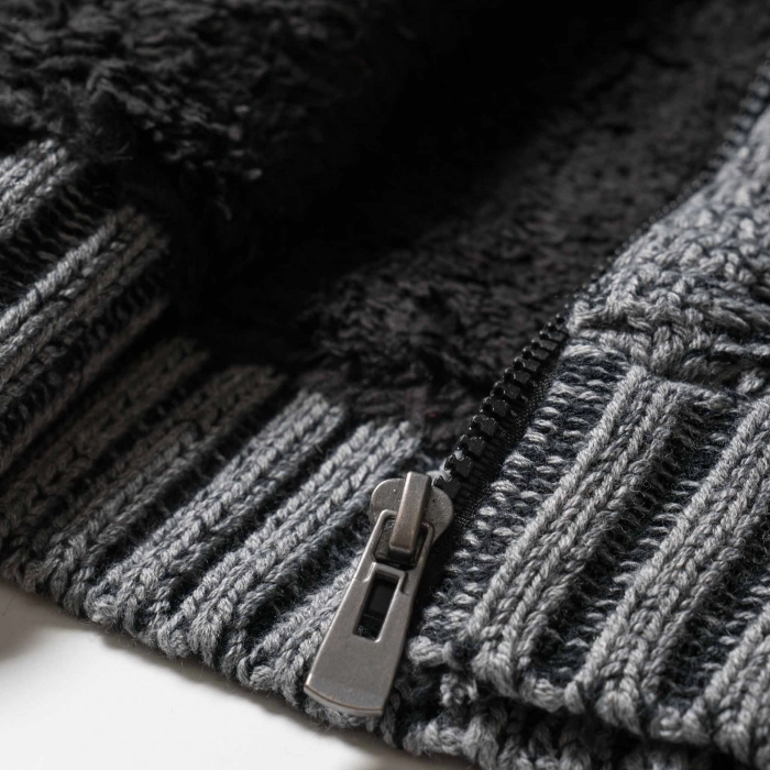 Παιδική μπουφανοζακέτα για αγόρια Warm γκρι σκούρο αγορίστικο μοντέρνο πλεκτό με γούνα ζεστό παιδικό ρούχο λάστιχο