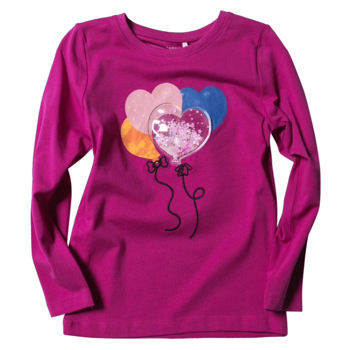 Παιδική μπλούζα Name it για κορίτσια Heart Balloons Φούξια κοριτσίστικη μακό εποχιακή με 3D στάμπα μοντέρνα επώνυμη