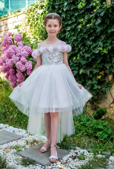 Παιδικό φόρεμα για κορίτσια Siena Λευκό κοριτσίστικο με τούλι με ουρά βάφτιση γάμος παρανυφάκι μοντέλο