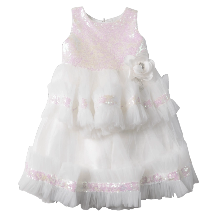 Παιδικό φόρεμα για κορίτσια Queen λευκό κοριτσίστικα επίσημα για γάμο βάφτιση αμπιγέ μοντέρνα