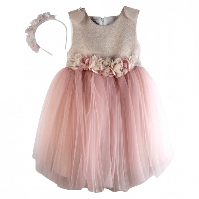 Παιδικό φόρεμα για κορίτσια Vanessa ροζ-μπεζ κοριτσίστικα καλό επήσιμα βάφτιση γάμο τούλι στέκα εκκλησία (2)