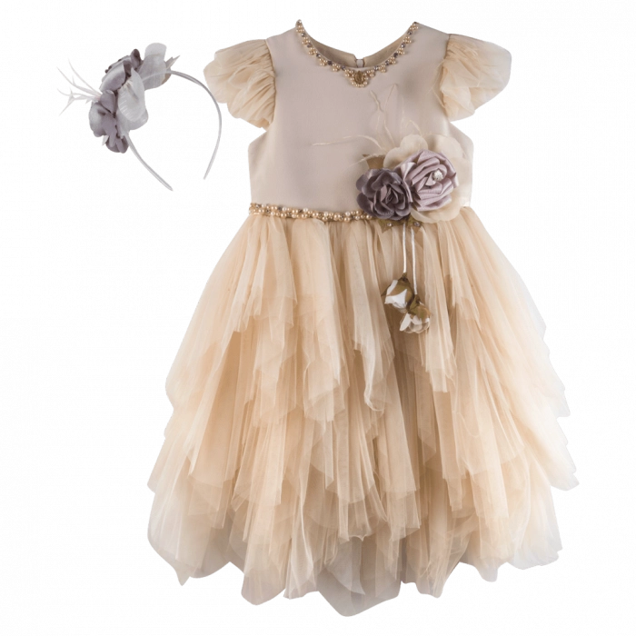 Παιδικό φόρεμα για κορίτσια Titania μπεζ κοριτσίστικα τούλι εκκλησία βάφτιση γάμο παρανυφάκια (2)