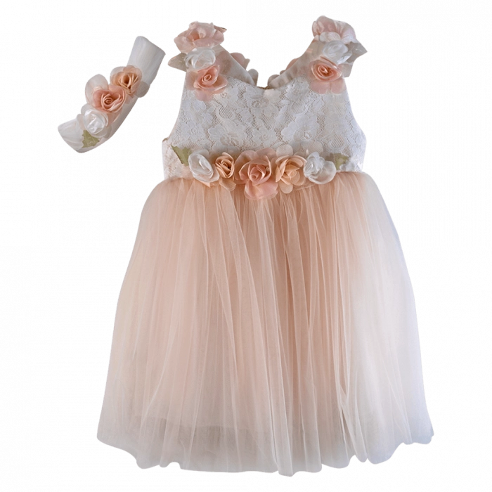 Παιδικό φόρεμα για κορίτσια ROSE πούδρα κοριτσίστικα τούλι κορδέλα παρανυφάκια τριανταφυλάκια βάφτιση γάμο