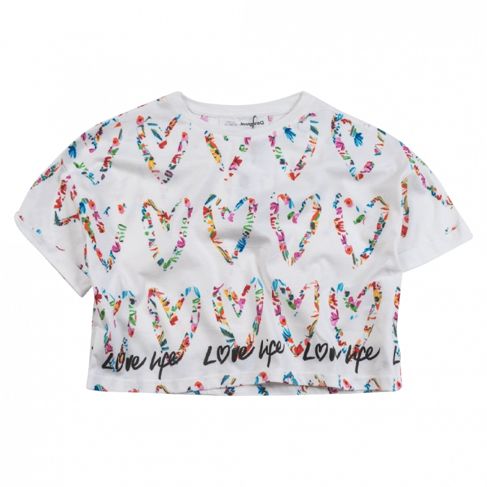 Παιδική μπλούζα DESIGUAL για κορίτσια Hearts εκρού κοριτσίστικα κροπ καλοκαιρινά  επώνυμα μακό online (1)