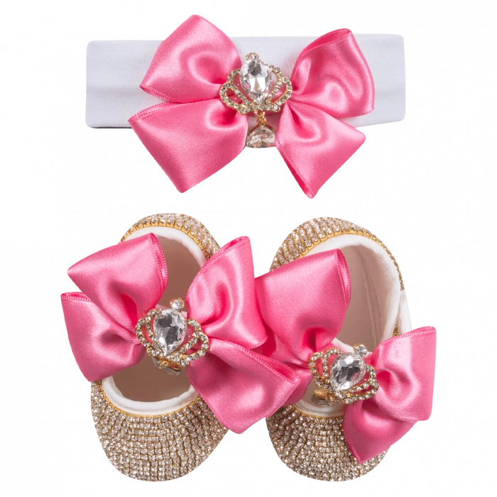 Βρεφικό σετ δώρου παπούτσια και κορδέλα για κορίτσια Princess φούξια κοριτσίστικα στρασάκια δωράκια νεογέννητα (1)