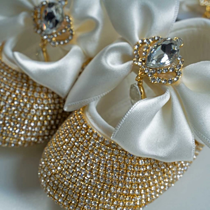 Βρεφικό σετ δώρου παπούτσια και κορδέλα για κορίτσια Princess χρυσό στρασάκια νεογέννητα δωράκια κορώνα (2)