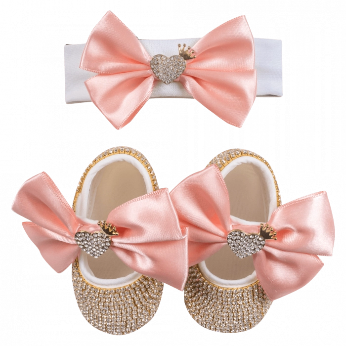 Βρεφικό σετ δώρου παπούτσια και κορδέλα για κορίτσια Heart χρυσό κοριτσίστικα μωρά μπέμπα δωράκια (1)