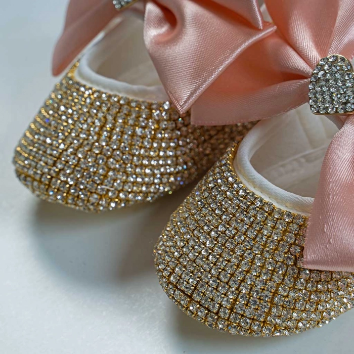 Βρεφικό σετ δώρου παπούτσια και κορδέλα για κορίτσια Heart χρυσό κοριτσίστικα μωρά μπέμπα δωράκια (2)