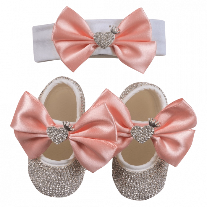 Βρεφικό σετ δώρου παπούτσια και κορδέλα για κορίτσια Heart σομόν κοριτσίστικα μωράκια μπέμπα στρασάκια online (1)