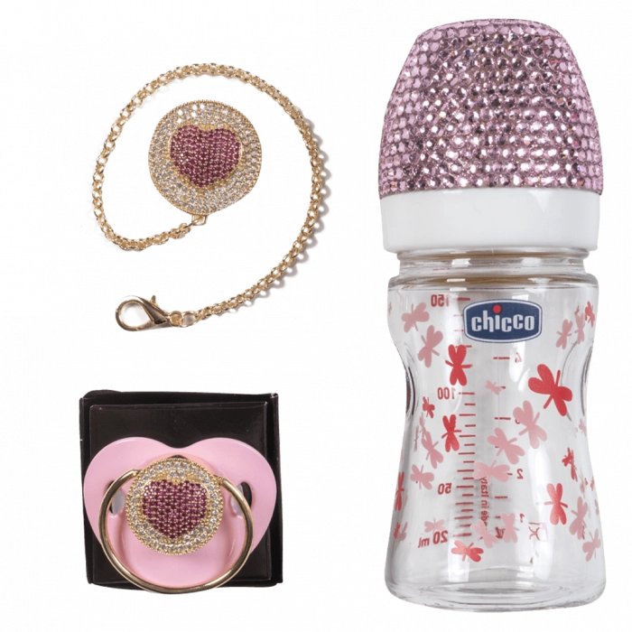 Σετ μπιμπερό πιπίλα Chicco για κορίτσια με στρας καρδιά ροζ κοριτσίστικα δώρα μωρά online 5 μηνών (1)