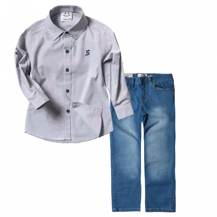 Παιδικό πουκάμισο Sandy Kids γκρι αγορίστικα κοντομάνικο μακριμάνικο μοντέρνα παιδικά ρούχα online χρονών πάνω | Παιδικό παντελόνι New College για αγόρια Solo Μπλε Αγορίστικα ελληνικά μοντέρνα τζιν 