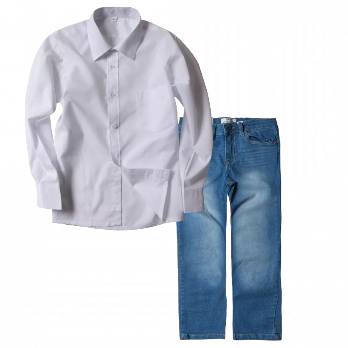 Παιδικό πουκάμισο για αγόρια Basic Λευκό | Παιδικό παντελόνι New College για αγόρια Solo Μπλε Αγορίστικα ελληνικά μοντέρνα τζιν 