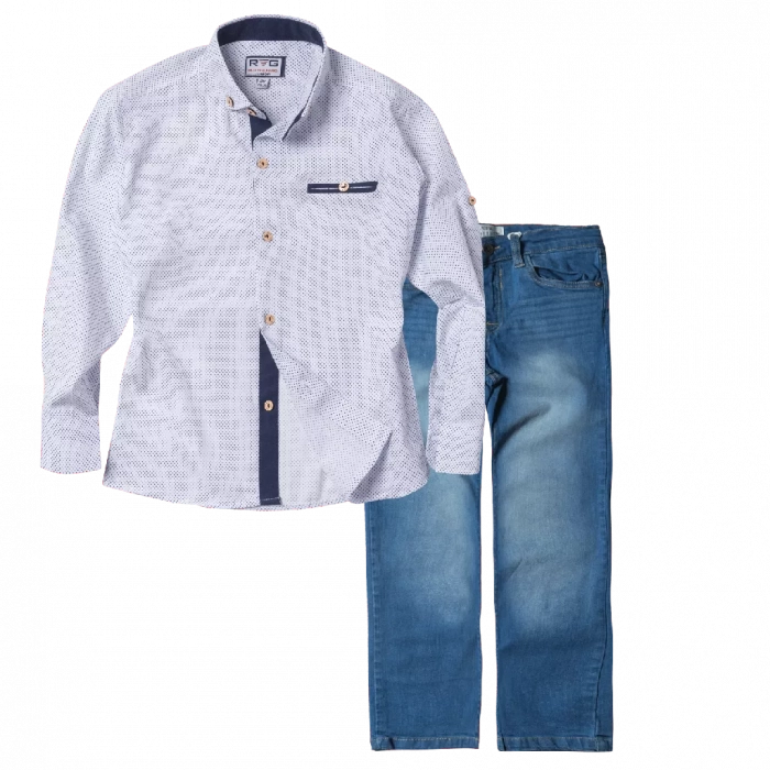 Παιδικό πουκάμισο για αγόρια Dot άσπρο 5-16 αγορίστικα καλά πουκάμισα γάμο βάφτιση εκκλησία ετών online | Παιδικό παντελόνι New College για αγόρια Solo Μπλε Αγορίστικα ελληνικά μοντέρνα τζιν 