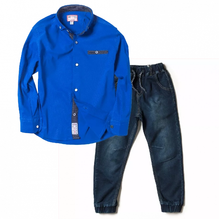 Παιδικό πουκάμισο για αγόρια Rutti μπλέ ρουά επίσημο καλό εκδηλώσεις online | Παιδικό παντελόνι για αγόρια New College What About Μπλε τζιν με λάστιχο στα μπατζάκια 