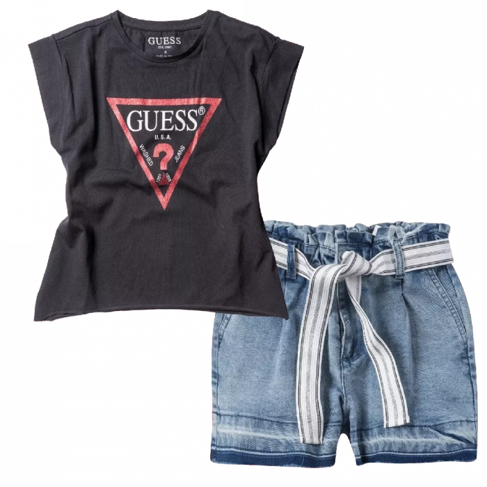 Παιδική μπλούζα GUESS για κορίτσια QuestionMark Μαύρο Κόκκινο κοριτσίστικη κοντομάνικη επώνυμη ποιοτική μοντέρνα ιδιαίτερη | Παιδική βερμούδα Eβίτα για κορίτσια Βracken τζιν (1) 