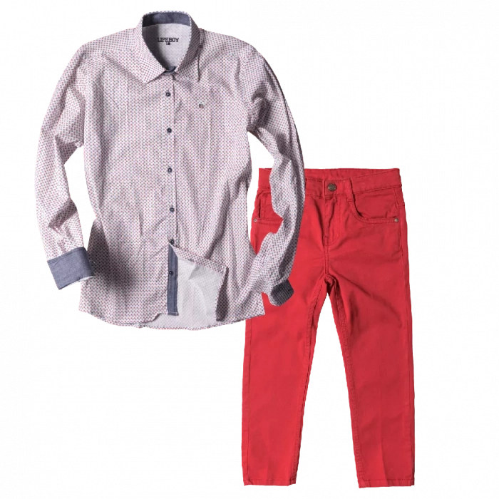 Παιδικό πουκάμισο για αγόρια LifeBoy Άσπρο Εμπριμέ αγορίστικο μοντέρνο ποιοτικό για εξόδους | Παιδικό παντελόνι Losan για αγόρια Basic κόκκινο επώνυμα παιδικά ρούχα online αγορίστικα ετών 