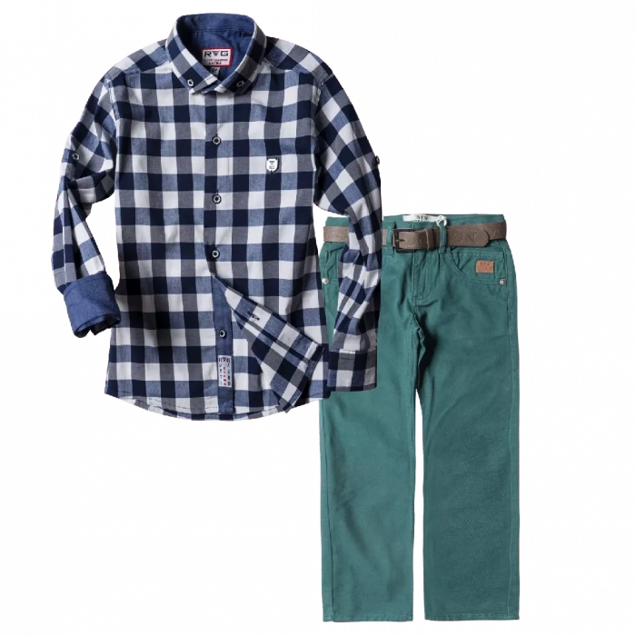 Παιδικό πουκάμισο για αγόρια Classic καρό μπλε με σχέδια μοντέρνο επίσυμο για βάφτιση γάμο οικονομικά poukamiso | Παιδικό παντελόνι New College για αγόρια Rock Πράσινο 1 