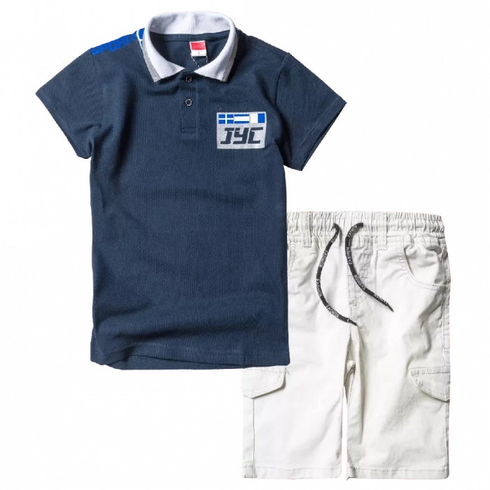 Παιδική μπλούζα Joyce για αγόρια JYC Μπλε αγορίστικα κοντομάνικα μπλουζάκια καλοκαιρινά | Παιδική βερμούδα New College για αγόρια Edition Άσπρο αγορίστικες καλοκαιρινές μοντέρνες βερμούδες 