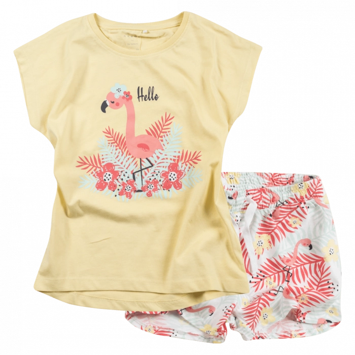 Παιδικό σετ Name it για κορίτσια Hello Flamingo κίτρινο κοριτσίστικα σετάκια καλοκαιρινά με σορτσάκι ετών