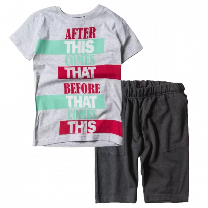 Παιδική μπλούζα New College για αγόρια After This Γκρι αγορίστικες ελληνικές κοντομάνικες μπλούζες | Παιδική βερμούδα για αγόρια Progress Μαύρη 