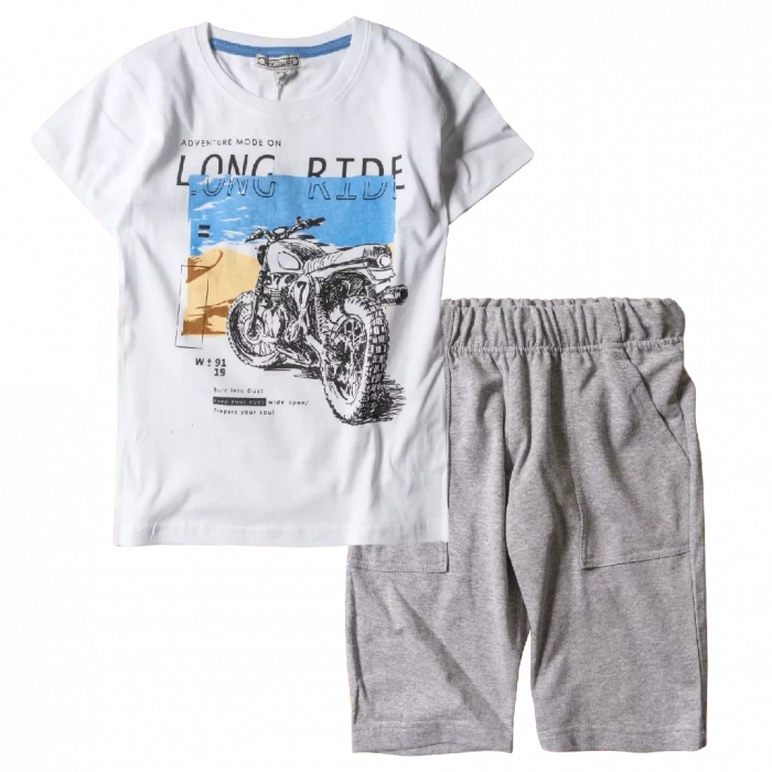 Παιδική μπλούζα New College για αγόρια Long Ride Άσπρο αγορίτστικα κοντομάνικα καλοκαιρινά μπλουζάκια μοντέρνα | Παιδική βερμούδα για αγόρια Progress Γκρι 