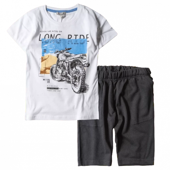 Παιδική μπλούζα New College για αγόρια Long Ride Άσπρο αγορίτστικα κοντομάνικα καλοκαιρινά μπλουζάκια μοντέρνα | Παιδική βερμούδα για αγόρια Progress Μαύρη 