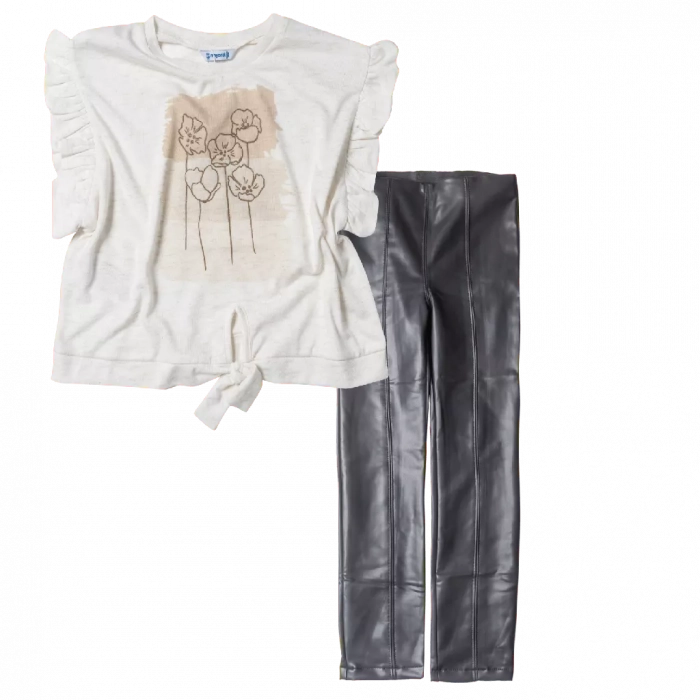 Παιδική μπλούζα Mayoral για κορίτσια Tulip μπεζ | Παιδικό παντελόνι Mayoral για κορίτσια Leather Μαύρο κοριτσίστικα μοντέρνα πέτσινα παντελόνια 