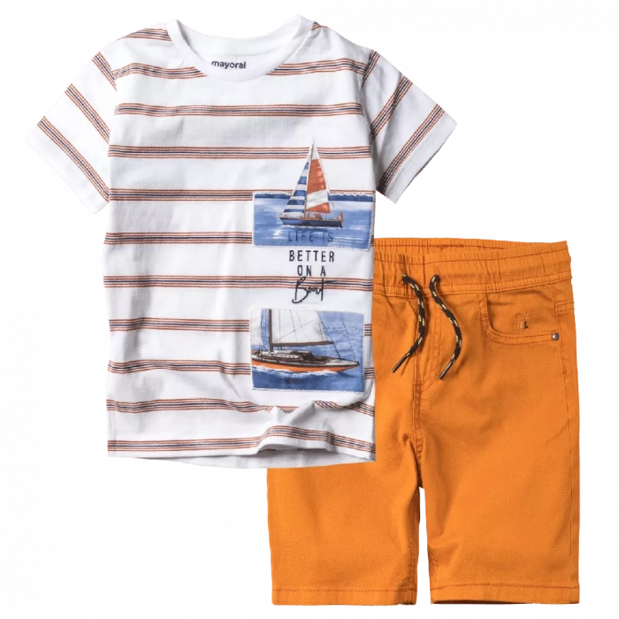 Παιδική μπλούζα Mayoral για αγόρια Boat Άσπρο αγορίστικη ποιοτική μοντέρνα καλοκαιρινή | Παιδική βερμούδα Mayoral για αγόρια Terral πορτοκαλί (1) 