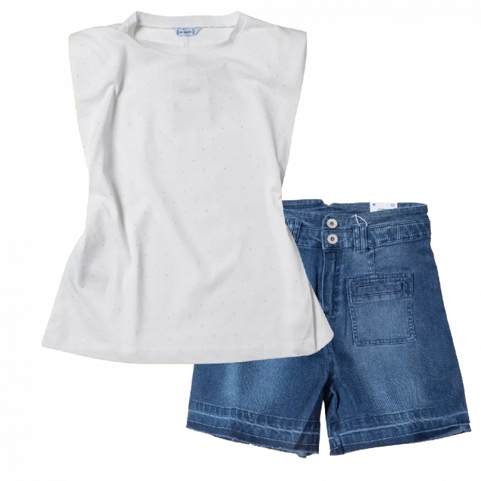 Παιδική μπλούζα Mayoral για κορίτσια Rockstar άσπρο | Παιδικό τζιν σορτς Mayoral για κορίτσια Same μπλε 
