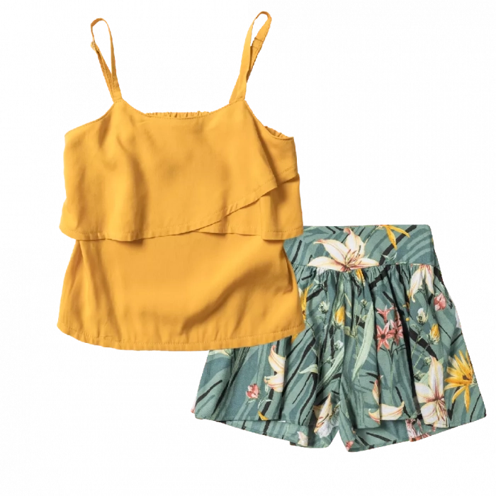 Παιδική μπλούζα New College για κορίτσια Summer κίτρινο επώνυμες μπλούζες κοριτσίστικες ραντάκι μοντέρνες ετών online | Παιδική ζιπ κιλότ βερμούδα Mayoral για κορίτσια πράσινο επώνυμη καθημερινή αέρινη 