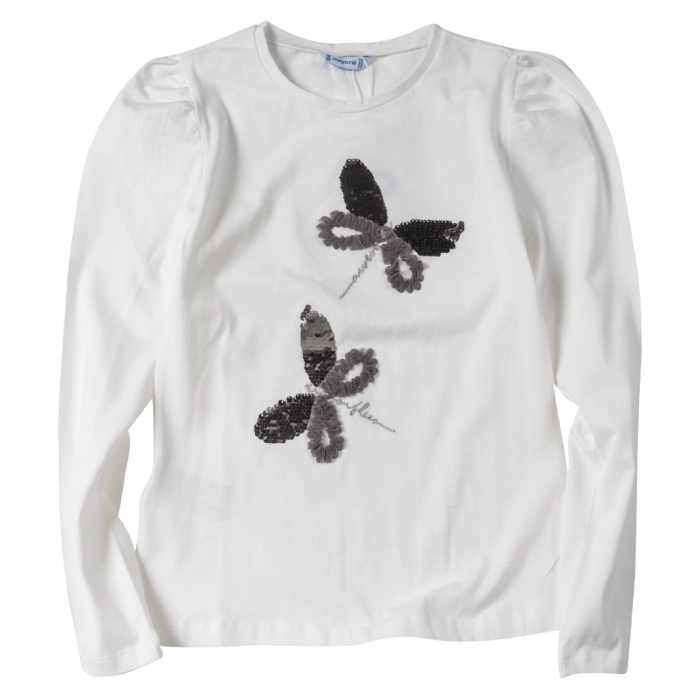 Παιδική μπλούζα Mayoral για κορίτσια Butterflies άσπρο λεπτές μπλούζες κοριτσίστικες μακρυμάνικες επώνυμες (1)