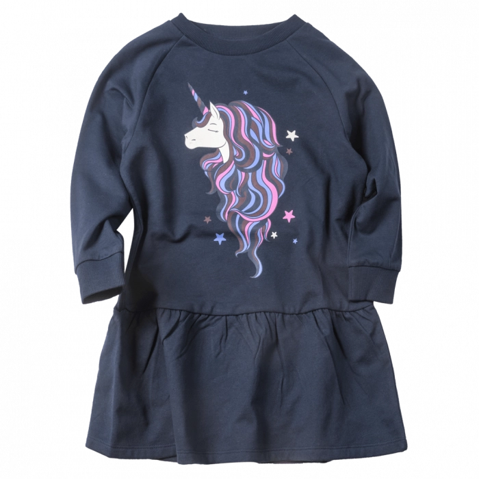Παιδικό φόρεμα Name it για κορίτσια Sleepy Unicorn μπλε κοριτσίστικα ετών 7 μακρυμάνικα μονόκερους χειμερίνα  (1)