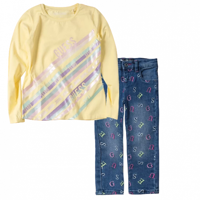 Παιδική μπλούζα Guess για κορίτσια 1981 κίτρινη άνετη καθημερινή εποχιακή επώνυμη ετών online (1) | Παιδικό παντελόνι GUESS για κορίτσια Letters Μπλε καθημερινά ποιοτικά επώνυμα τζιν online 