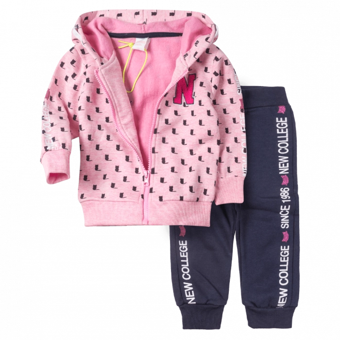 Παιδικό σετ New College για κορίτσια Kitties ροζ καθημερινό άνετο ζεστό ζακέτα παντελόνι βόλτα σχολείο ετων online (1)