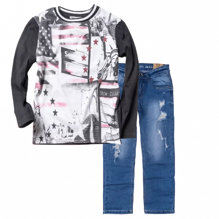 Παιδική μπλούζα New College για αγόρια Fashion Μαύρο αγορίστικα ελληνικά φούτερ μοντέρνα ζεστά | Παιδικό παντελόνι Online για αγόρια Authentic μπλε καθημερινό άνετο βόλτα  σκισμένο τζιν ετών online (1) 