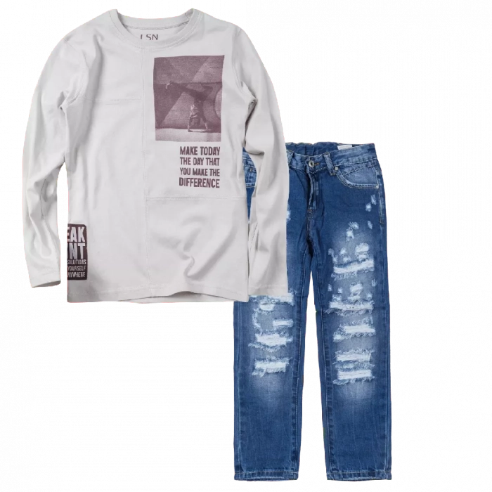Παιδική μπλούζα Losan για αγόρια Difference γκρι καθημερινή άνετη εποχιακή επώνυμη ετών online (1) | Παιδικό παντελόνι Online για αγόρια Vogue μπλε καθημερινό άνετο κάζουαλ σκισμένο βόλτα ετών online (1) 