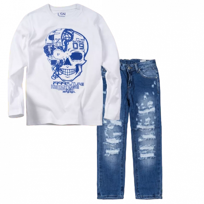 Παιδική μπλούζα Losan για αγόρια Score άσπρο καθημερινή εποχιακή άνετη επώνυμη ετών online (1) | Παιδικό παντελόνι Online για αγόρια Vogue μπλε καθημερινό άνετο κάζουαλ σκισμένο βόλτα ετών online (1) 