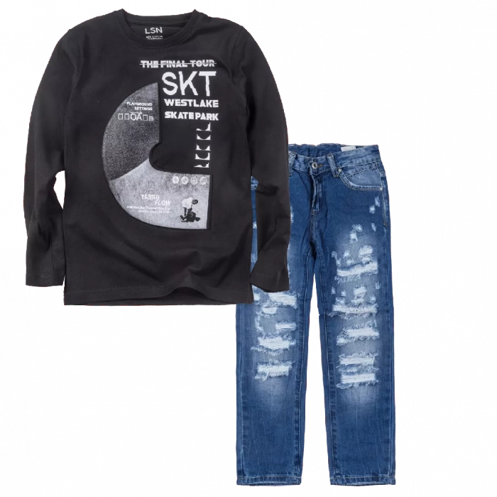 Παιδική μπλούζα Losan για αγόρια Skatepark μαύρο καθημερινή εποχιακή άνετη επώνυμη ετών online (1) | Παιδικό παντελόνι Online για αγόρια Vogue μπλε καθημερινό άνετο κάζουαλ σκισμένο βόλτα ετών online (1) 