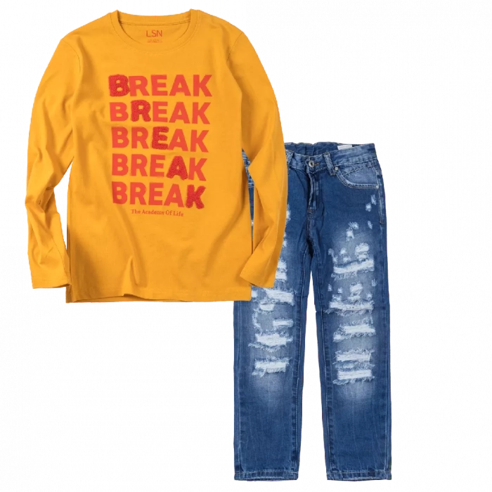 Παιδική μπλούζα Losan για αγόρια Break μουσταρδί εποχιακές καθημερινές μακρυμάνικες σχολεία βόλτες ετών επώνυμες online | Παιδικό παντελόνι Online για αγόρια Vogue μπλε καθημερινό άνετο κάζουαλ σκισμένο βόλτα ετών online (1) 