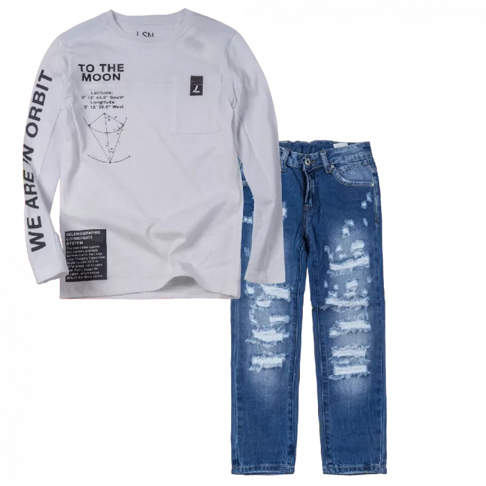 Παιδική μπλούζα Losan για αγόρια Moon άσπρο καθημερινή άνετη βόλτα σχολείο πάρτι επώνυμη ετών online (1) | Παιδικό παντελόνι Online για αγόρια Vogue μπλε καθημερινό άνετο κάζουαλ σκισμένο βόλτα ετών online (1) 