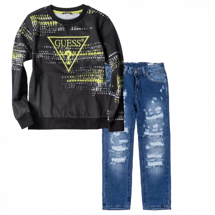 Παιδική μπλούζα GUESS για αγόρια Code Μαύρο καθημερινές επώνυμες μακρυμάνικες μπλούζες online 1 | Παιδικό παντελόνι Online για αγόρια Vogue μπλε καθημερινό άνετο κάζουαλ σκισμένο βόλτα ετών online (1) 