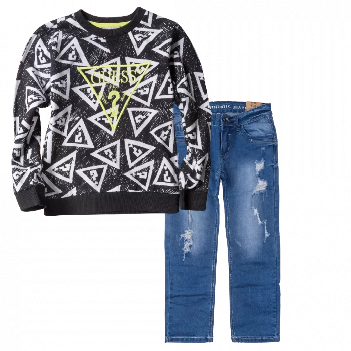 Παιδική μπλούζα GUESS για αγόρια Full Questions Mαύρο καθημερινές επώνυμες μακρυμάνικες μπλούζες online | Παιδικό παντελόνι Online για αγόρια Authentic μπλε καθημερινό άνετο βόλτα  σκισμένο τζιν ετών online (1) 