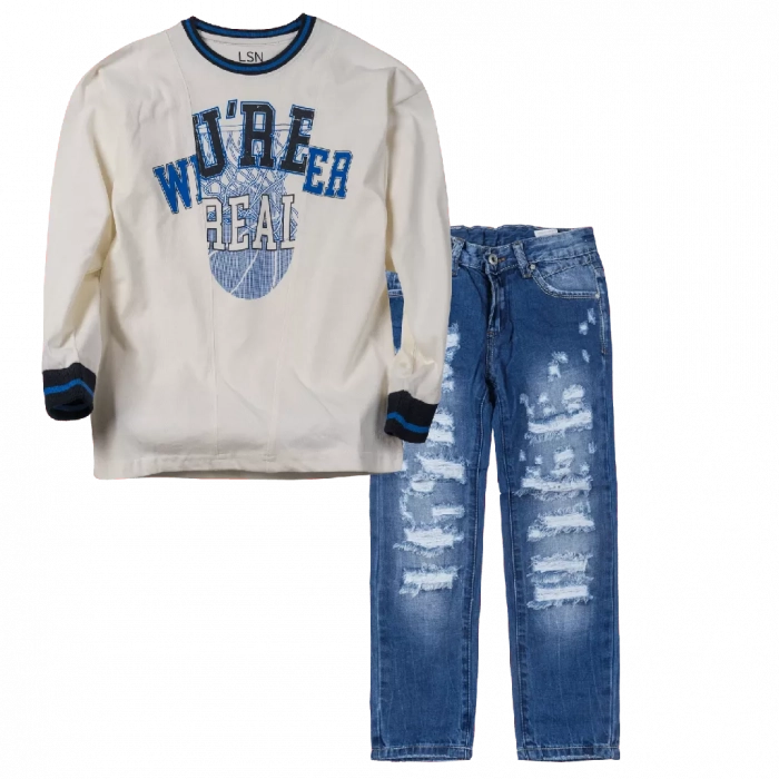 Παιδική μπλούζα Losan για αγόρια Real άσπρο καθημερινή άνετη σχολείο βόλτα επώνυμη ετών online (1) | Παιδικό παντελόνι Online για αγόρια Vogue μπλε καθημερινό άνετο κάζουαλ σκισμένο βόλτα ετών online (1) 