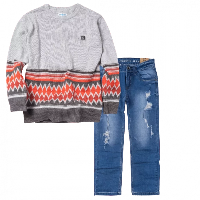Παιδική μπλούζα Mayoral για αγόρια Carob γκρι  χειμωνιάτικες ζεστές εκδηλώσεις επώνυμα πλεκτές online | Παιδικό παντελόνι Online για αγόρια Authentic μπλε καθημερινό άνετο βόλτα  σκισμένο τζιν ετών online (1) 